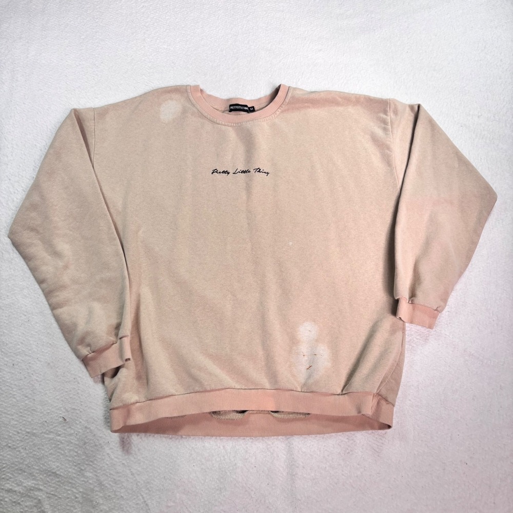PrettyLittleThing Beige Crewneck Sweatshirt Womens M Embroidered Logo Pullover
